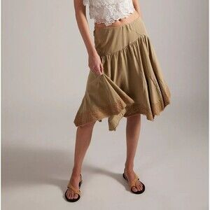 Free People Willow Knit Midi Skirt Asymmetric Lace Flowy Pull-on Cotton S 287274